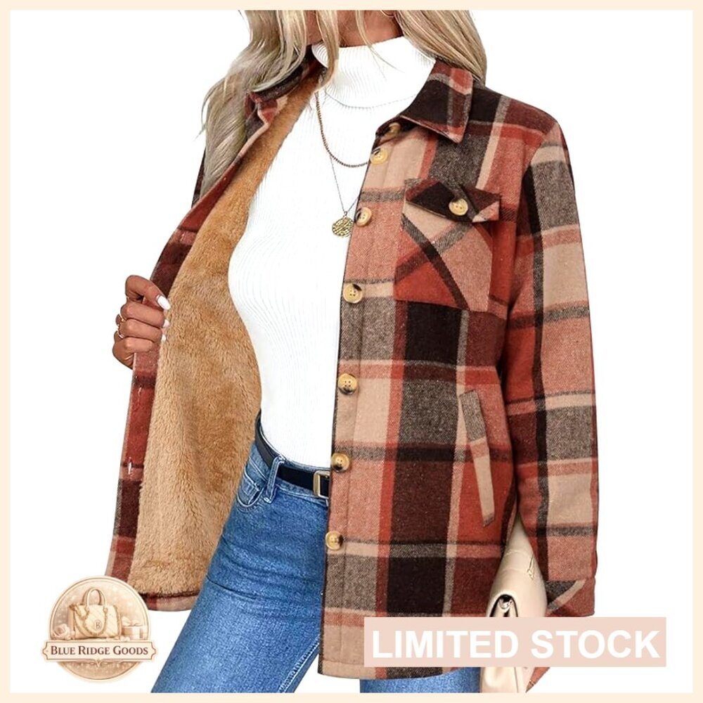 Fleece Sherpa Shacket Plaid Button Down Coat Casual Winter Jacket with Pockets